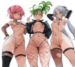  3girls alternate_hairstyle bikini black_bikini black_choker black_jacket black_slingshot_swimsuit black_thighhighs breasts candy choker commentary crossover curly_hair doki_doki_literature_club earrings elf fishnet_pantyhose fishnet_sleeves fishnets food frieren green_eyes green_hair grey_hair hair_ornament high-waist_pantyhose highleg highleg_bikini highres holding holding_candy holding_food holding_lollipop hoop_earrings jacket jewelry leather leather_jacket lollipop long_hair looking_at_viewer micro_bikini multiple_girls natsuki_(doki_doki_literature_club) navel one-punch_man one_side_up open_clothes open_jacket pantyhose parted_bangs pink_eyes pink_hair pointy_ears rakeemspoon short_hair single_thighhigh slingshot_swimsuit small_breasts sousou_no_frieren string_bikini swimsuit symbol-only_commentary tatsumaki tatsumaki_(chapter_171_cover) thighhighs twintails white_background 