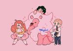  1girl 2boys absurdres animal bee_(bee_and_puppycat) bee_and_puppycat black_hair blonde_hair brown_hair cat commentary english_commentary highres lion lion_(steven_universe) meyoco multiple_boys natsume_takashi natsume_yuujinchou no_nose nyanko pink_background pink_theme puppycat simple_background sparkle steven_quartz_universe steven_universe 