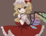  1girl :d absurdres ascot bangs blonde_hair blush brown_background commentary crystal drill_hair fang finger_to_mouth flandre_scarlet from_side hair_between_eyes hand_up hat highres index_finger_raised looking_at_viewer mob_cap one_side_up open_mouth petticoat puffy_short_sleeves puffy_sleeves red_eyes red_skirt red_vest sabapi_oo short_hair short_sleeves simple_background skin_fang skirt smile solo touhou vest white_headwear wings wrist_cuffs yellow_ascot 