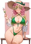  1girl :q absurdres arm_support bare_shoulders bead_bracelet beads bikini blush border bow bracelet breasts brown_hat dango food front-tie_bikini_top front-tie_top gradient_hair green_bikini green_bow green_eyes green_hair groin halterneck hat hat_bow highres holding holding_food jewelry kanroji_mitsuri kimetsu_no_yaiba large_breasts long_hair looking_at_viewer mole mole_under_each_eye mole_under_eye multicolored_hair multiple_moles navel off_shoulder open_clothes open_shirt outside_border pink_background pink_hair reus_(cetta) shirt simple_background sitting skindentation solo stomach straw_hat swimsuit thick_thighs thighs tongue tongue_out tri_braids wagashi web_address white_border white_shirt 