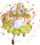  1girl apron blonde_hair butterfly_hair_ornament celine_(fire_emblem) celine_(tea_party)_(fire_emblem) cookie cup dress fire_emblem fire_emblem_engage fire_emblem_heroes food hair_ornament highres holding holding_cup long_hair maid maid_apron maid_headdress non-web_source official_alternate_costume official_art open_mouth smile solo teapot very_long_hair wavy_hair yellow_dress yellow_eyes 