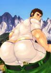  1boy ass ass_focus bara blush bulge butt_crack clothes_pull facial_hair feet_out_of_frame from_behind goshingo1 green_pants highres long_sideburns looking_at_viewer male_focus mature_male mountain muscular muscular_male pants pants_pull short_hair sideburns solo stubble thick_eyebrows thick_thighs thighs tokyo_afterschool_summoners undressing white_pants zaou_(housamo) 