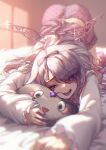  1girl arupaoka commentary highres hololive hololive_english indoors koseki_bijou metal_wings on_bed open_mouth pebble_(koseki_bijou) pink_shorts polka_dot polka_dot_shorts purple_nails shirt shorts sleepwear teeth top-down_bottom-up virtual_youtuber white_shirt 