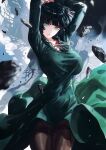  1girl arm_behind_head black_hair bob_cut breasts cleavage closed_mouth covered_navel covered_nipples dress etama_quomo eyelashes floating floating_rock fubuki_(one-punch_man) green_dress green_eyes highres impossible_clothes impossible_dress jewelry large_breasts levitation long_sleeves looking_at_viewer necklace one-punch_man pantyhose pearl_necklace short_hair solo taut_clothes taut_dress tight_clothes tight_dress 