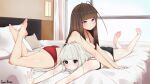  2girls absurdres antennae ass barefoot bed black_eyes brown_hair commentary feet goki_buri highres lingerie lying multiple_girls nail_polish on_stomach original pink_eyes soles stretch the_pose thighs toes underwear white_hair window 