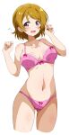  1girl absurdres ass_visible_through_thighs bangs bare_shoulders bra breasts collarbone cropped_legs dot_nose eggman_(pixiv28975023) eyebrows_visible_through_hair flying furrowed_brow groin hands_up highres koizumi_hanayo light_brown_hair love_live! love_live!_school_idol_project medium_breasts nail_polish navel nervous open_mouth panties pink_bra pink_nails pink_panties pink_ribbon raised_eyebrow ribbon shiny shiny_hair shiny_skin short_hair simple_background solo sweat swept_bangs thighs underwear underwear_only white_background 