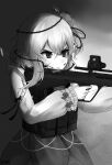  1girl absurdres bangs blood blood_on_face bow clothing_cutout dress flower greyscale gun hair_flower hair_ornament highres holding holding_gun holding_weapon hyo medium_hair monochrome nijisanji nijisanji_en parted_lips plant rainbow_six_siege rose rosemi_lovelock shoulder_cutout solo thorns v-shaped_eyebrows vines virtual_youtuber weapon 