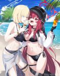  2girls absurdres arm_around_waist bare_arms bare_shoulders bikini black_bikini black_gloves blonde_hair blue_archive blue_eyes breasts character_request cleavage combat_helmet ear_piercing elbow_gloves food gloves hair_between_eyes hair_over_one_eye halo helmet highres holding holding_food holding_ice_cream ice_cream jacket kokolokokomika large_breasts long_hair multiple_girls navel official_alternate_costume open_clothes open_jacket open_mouth piercing rabu_(blue_archive) rabu_(swimsuit)_(blue_archive) red_eyes red_hair red_halo sharp_teeth short_hair stomach swimsuit teeth white_halo white_jacket yuri 