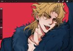  1boy bishounen blonde_hair coat colored_tongue dio_brando fluffy_collar highres jacket jojo_no_kimyou_na_bouken long_hair looking_at_viewer mingqi67342 phantom_blood smile solo yellow_eyes 