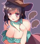  1girl animal_ears arm_under_breasts bandana bangs bare_shoulders black_hair blue_shirt blush breasts brown_headwear cleavage cowboy_hat cowboy_shot detached_wings eyebrows_visible_through_hair eyes_visible_through_hair hand_up hat highres horse_ears kurokoma_saki large_breasts leaning_forward long_hair meimei_(meimei89008309) mini_wings off-shoulder_shirt off_shoulder one-hour_drawing_challenge open_mouth outline puffy_short_sleeves puffy_sleeves red_eyes shirt short_sleeves solo swept_bangs touhou white_outline wings 