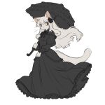 accessory anthro black_clothing black_dress bottomwear bow_ribbon clothing domestic_cat dress felid feline felis female flower flower_in_hair frilly frilly_clothing fur hair hair_accessory hi_res lips long_hair long_skirt long_sleeves mammal mole_(disambiguation) parasol pink_lips plant skirt solo tateoftot white_body white_fur white_hair yellow_sclera