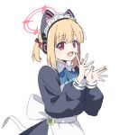  1girl :d animal_ear_headphones animal_ears apron black_dress blonde_hair blue_archive blue_bow bow collared_dress dress fake_animal_ears hair_bow halo hands_up headphones long_sleeves looking_at_viewer lowres maid maid_apron maid_headdress momoi_(blue_archive) momoi_(maid)_(blue_archive) nyaru_(nyaru_4126) puffy_long_sleeves puffy_sleeves purple_bow purple_eyes simple_background smile solo twintails white_apron white_background 