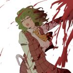  1girl arm_garter ascot blood blood_on_clothes blood_on_face blood_splatter breasts commentary_request cropped_legs eyebrows_visible_through_hair green_hair hair_between_eyes holding holding_umbrella kazami_yuuka large_breasts long_sleeves looking_to_the_side open_mouth parasol plaid plaid_skirt plaid_vest red_eyes shirt short_hair shundou_heishirou simple_background skirt solo teeth touhou umbrella upper_teeth vest white_background white_shirt yellow_ascot 