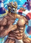  1boy abs absurdres bara bare_pectorals bulge condom condom_wrapper dark-skinned_male dark_skin extra_arms feet_out_of_frame fundoshi helmet highres innertube japanese_clothes kageru_(mofnyan) large_pectorals looking_at_viewer male_focus muscular muscular_male navel nipples official_alternate_costume pectorals shiva_(housamo) solo tokyo_afterschool_summoners veins white_male_swimwear 