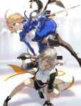  2girls ahoge artoria_pendragon_(fate) baseball_bat black_boots black_coat black_gloves black_pantyhose black_skirt blonde_hair blue_dress boots breasts cleavage closed_mouth coat dress fate/stay_night fate/unlimited_blade_works fate_(series) gloves green_eyes grey_hair holding holding_baseball_bat holding_sword holding_weapon honkai:_star_rail honkai_(series) long_hair long_sleeves looking_to_the_side multiple_girls open_clothes open_coat open_mouth pantyhose saber_(fate) saber_(honkai:_star_rail)_(fate) scottie_(phantom2) shirt skirt stelle_(honkai:_star_rail) sword thigh_strap trailblazer_(honkai:_star_rail) weapon white_shirt yellow_eyes 