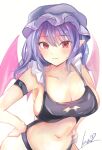  1girl armband armpit_peek bat_cutout bat_wings blush breasts cleavage closed_mouth commentary_request contrapposto eyebrows_visible_through_hair hair_between_eyes hands_on_hips hat highres kei_(hidden) large_breasts light_smile long_hair looking_at_viewer mob_cap navel older pointy_ears purple_hair purple_headwear red_eyes remilia_scarlet sideboob signature solo touhou upper_body wings 