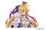  1girl armor artoria_pendragon_(caster)_(fate) artoria_pendragon_(fate) asaya_minoru blonde_hair breastplate capelet closed_mouth cropped_torso crown english_text facial_mark fate/grand_order fate_(series) forehead_mark fur-trimmed_capelet fur_trim green_eyes long_hair looking_away mini_crown puffy_sleeves smile solo twitter_username upper_body very_long_hair watermark white_capelet 