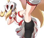  1girl ass bike_shorts black_shorts blonde_hair blue_eyes body_blush boots breasts bright_pupils cameltoe commentary_request dress eyelashes fingerless_gloves gloves helmet high_ponytail highres knees kooeiatd111020 korrina_(pokemon) leg_up long_hair looking_at_viewer pokemon pokemon_(anime) pokemon_xy_(anime) shorts sleeveless sleeveless_dress small_breasts solo spread_legs two_side_up very_long_hair white_dress white_footwear white_gloves white_headwear white_pupils 