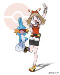  1girl :d absurdres arm_up armpits bangs bike_shorts bow_hairband bracelet breasts brown_hair clenched_hand commentary eyelashes fanny_pack grey_eyes hairband hand_up highres jewelry leg_up may_(pokemon) medium_hair mudkip open_mouth poke_ball_symbol pokemon pokemon_(creature) pokemon_(game) pokemon_oras red_hairband red_shirt shirt shoes shorts sleeveless sleeveless_shirt smile standing standing_on_one_leg teeth teru_zeta tongue upper_teeth v white_shorts yellow_bag yellow_footwear 