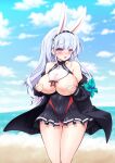  1girl absurdres animal_ears aqua_bow ass_visible_through_thighs azur_lane bare_shoulders beach bikini bikini_bottom black_jacket blue_sky blush bow breasts cosplay dido_(azur_lane) earrings fake_animal_ears hairband highres jacket jewelry large_breasts light_purple_hair long_hair looking_at_viewer microskirt off_shoulder pink_eyes purple_skirt rabbit_ears raranokusu shimakaze_(azur_lane) shimakaze_(azur_lane)_(cosplay) skirt sky solo swimsuit water 