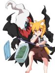  1girl animal_ears asymmetrical_hair bangs barefoot black_necktie blonde_hair brown_skirt brown_vest collared_shirt commentary_request cookie_(touhou) covering_mouth darkrai eyebrows_visible_through_hair food foot_out_of_frame fox_ears fox_girl fox_tail hand_over_own_mouth highres holding holding_pole looking_at_viewer medium_hair miramikaru_riran necktie pokemon pokemon_(creature) pole red_eyes shirt short_sleeves sidelocks simple_background skirt tail tupperware vest white_background white_shirt yan_pai 
