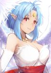  1girl angel_wings bare_shoulders blue_hair breasts cleavage closed_mouth dress elbow_gloves feathered_wings filia_(star_ocean) forehead_jewel gloves lips looking_at_viewer mzkk_1826 pointy_ears red_eyes short_hair simple_background smile solo star_ocean star_ocean_the_second_story wings 