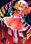  1girl \||/ ascot bangs blonde_hair blurry blush bow center_frills closed_mouth commentary crystal depth_of_field eyebrows_visible_through_hair fang fang_out feet_out_of_frame flandre_scarlet flat_chest frills gradient gradient_background hair_between_eyes hand_up hat hat_bow highres holding holding_weapon laevatein_(touhou) light_particles looking_at_viewer mob_cap nail_polish one_side_up petticoat puffy_short_sleeves puffy_sleeves red_background red_bow red_eyes red_nails red_skirt red_vest short_sleeves simple_background skin_fang skirt smile solo touhou vest weapon white_headwear wings wrist_cuffs yellow_ascot yuka_yukiusa 