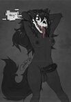 absurd_res anthro balls black_body black_fur black_hair blokfort bone breasts dark_nipples english_text fur genitals glitch glowing glowing_eyes gynomorph hair hi_res humanoid_genitalia humanoid_penis intersex mal0_(species) nude penis scp-1471-a scp_foundation simple_background skull skull_head solo static text tongue unusual_eyes