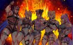  5girls abs animal_ears bikini black_bikini blonde_hair breasts cowboy_shot dog_ears dog_girl explosion fuwawa_abyssgard grey_hair group_picture high_ponytail highres holoadvent hololive hololive_english koseki_bijou large_breasts mococo_abyssgard multiple_girls muscular muscular_female nerissa_ravencroft pointing pointing_at_viewer ponytail purple_hair shiori_novella small_breasts swimsuit virtual_youtuber yuri_kyanon 