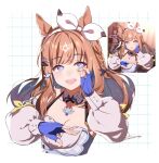  +_+ 1girl animal_ears blue_gloves bow brown_hair character_request ear_bow gloves grid_background highres horse_ears horse_girl inset lia_(retiredstarmiya) open_mouth solo umamusume upper_body white_bow 