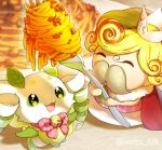  1boy 1other :d ^_^ alternate_color artist_name bell blonde_hair blurry blurry_background cape character_request closed_eyes commentary_request crown curly_hair drill_hair drooling facial_hair food fork fur-trimmed_cape fur_trim furry green_eyes highres holding holding_fork jingle_bell leaf looking_up lunlun_(nijisanji) mouth_drool multicolored_hair mustache neck_bell nijisanji open_mouth pasta plate red_cape red_hair rope short_hair sierra_fall smile spaghetti streaked_hair twin_drills twitter_username virtual_youtuber 