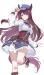  1girl absurdres animal_ears bag brown_eyes brown_hair character_request clenched_teeth copyright_request hand_on_headwear hat highres long_hair long_sleeves looking_at_viewer open_mouth simple_background smile solo sundajin_asagi tail teeth white_background 
