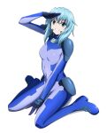  1girl between_legs blue_bodysuit blue_eyes blue_gloves blue_hair bodysuit breasts covered_navel full_body gloves grin hair_between_eyes hand_between_legs highres looking_at_viewer lyrical_nanoha mahou_shoujo_lyrical_nanoha_strikers medium_hair numbers&#039;_uniform numbers_(nanoha) oshimaru026 salute science_fiction sein_(nanoha) simple_background sitting skin_tight small_breasts smile solo transparent_background wariza white_background 