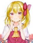  1girl ascot bangs blonde_hair blush bow closed_mouth commentary_request crystal eyebrows_visible_through_hair fingers_to_cheeks flandre_scarlet flat_chest floral_background flower hair_between_eyes hair_bow nail_polish nano_(nazuna0512) no_hat no_headwear one_side_up purple_nails red_bow red_flower red_rose red_vest rose short_hair simple_background smile solo touhou upper_body vest white_background wings yellow_ascot 