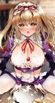  1girl absurdres alternate_costume apron blonde_hair blush breasts cleavage commentary_request dress enmaided eyebrows_visible_through_hair food fruit hair_between_eyes hair_ribbon highres ken_(coffee_michikusa) large_breasts long_hair looking_at_viewer maid maid_apron maid_headdress open_mouth plate purple_dress red_ribbon ribbon sexually_suggestive strawberry suggestive_fluid tearing_up tears thighs touhou white_legwear wrist_ribbon yakumo_yukari yellow_eyes 