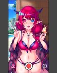  1girl beach bikini black_horns black_jacket blue_eyes breasts cleavage eroneko93 food heterochromia highres holding holding_food holding_popsicle hololive hololive_english holonatsu_paradise horns irys_(hololive) irys_(holonatsu_paradise)_(hololive) jacket large_breasts long_hair navel ocean open_clothes open_jacket popsicle purple_bikini purple_eyes purple_hair recording red_hair sand solo swimsuit v virtual_youtuber water 