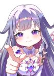  1girl absurdres chest_jewel colored_inner_hair commentary_request detached_collar dress gem gradient_hair grey_hair highres hololive hololive_english jewel_under_eye koseki_bijou koseki_bijou_(1st_costume) long_hair material_growth metal_wings multicolored_hair pink_hair pointing pointing_at_viewer puffy_cheeks purple_eyes purple_gemstone simple_background solo uminonin46978 virtual_youtuber white_background white_dress 