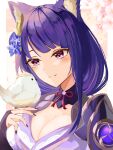  1girl absurdres animal_ears bangs bird blunt_bangs blush breasts cat_ears cleavage fingerless_gloves genshin_impact gloves highres large_breasts long_hair long_sleeves mole mole_under_eye nail_polish purple_eyes purple_hair raiden_shogun smile teca_(ryeol) upper_body 