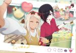  2girls 3d arm_up black_hair black_pants blonde_hair box breasts brown_sweater_vest chibi chocolate collared_shirt cookie copyright_name food gift gift_box glasses hair_over_one_eye heart heart-shaped_box highres holding holding_tray large_breasts lilia_saijo long_hair long_sleeves looking_at_viewer multicolored_hair multiple_girls nanyou_subaru official_art open_mouth pants party pole_princess!! purple_eyes red_hair red_shirt shirt short_hair sleeves_rolled_up smile standing streaked_hair sweater_vest tan tray two-tone_hair white_day white_shirt yellow_eyes 