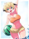  1girl arm_up ball bangs bare_shoulders beachball bikini blonde_hair blush breasts cleavage collarbone fate/grand_order fate_(series) gareth_(fate) green_eyes hair_flaps highres large_breasts looking_at_viewer navel onsoku_inu open_mouth orange_bikini short_hair short_shorts shorts smile solo swimsuit thighs wading watermelon_beachball yellow_shorts 