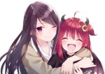  ^_^ ahoge black_hair black_horns black_shirt black_wings blush brown_jacket closed_eyes closed_mouth collared_shirt commentary_request crescent crescent_hair_ornament curved_horns fang gundou_mirei hair_ornament happy highres hijiki_(hijikini) horns hug_from_side jacket long_hair long_sleeves nijisanji one_eye_closed open_mouth parted_bangs purple_eyes red_hair shirt simple_background skin_fang small_horns smile straight_hair upper_body virtual_youtuber white_background white_shirt wings yuzuki_roa 