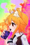  1girl animal_ear_fluff animal_ears asymmetrical_hair bangs black_necktie blonde_hair brown_vest collared_shirt commentary_request cookie_(touhou) electronic_cigarette eyebrows_visible_through_hair fox_ears fox_girl medium_hair miramikaru_riran multicolored_background necktie open_mouth profile red_eyes shirt short_sleeves sidelocks solo upper_body vaping vest white_shirt yan_pai 