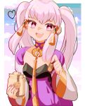  1girl absurdres alternate_hairstyle blush breasts cleavage commentary cookie_jar dress english_commentary fire_emblem fire_emblem:_three_houses hair_ornament highres holding holding_jar hoshinokotta jar long_hair long_sleeves looking_at_viewer lysithea_von_ordelia lysithea_von_ordelia_(timeskip) open_mouth pink_eyes purple_dress small_breasts smile solo teeth twintails upper_body upper_teeth_only white_hair 