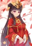  1girl absurdres azur_lane black_hair chinese_clothes ct.ender double_bun dress gold_trim headpiece highres long_hair official_alternate_costume petals purple_eyes red_dress smile solo string string_of_fate very_long_hair wide_sleeves yat_sen_(azur_lane) yat_sen_(coronal_afterglow)_(azur_lane) 
