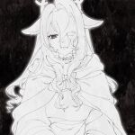  1girl animal_ears antlers cloak closed_mouth commentary deer_antlers deer_ears deer_girl deltarune elle_(e11elll) english_commentary eyes_visible_through_hair furry furry_female greyscale hair_over_one_eye highres hood hooded_cloak horns long_hair monochrome noelle_holiday noelle_holiday_(dark_world) solo 