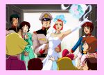  5boys 5girls ^_^ amuro_ray arm_up armpits arms_up bare_shoulders belt black_belt black_eyes black_hair blonde_hair blue_jacket border bouquet bouquet_toss bow bow_hairband breasts bridal_veil bride bright_noa brown_hair brown_hat brown_jacket brown_pants child clapping cleavage closed_eyes closed_mouth commentary dokite_tsukasa dress earth_federation elbow_gloves flower fraw_bow game_cg gloves green_dress gundam gundam_gihren_no_yabou hairband hand_on_another&#039;s_arm hand_on_another&#039;s_waist hands_up happy haro hat highres husband_and_wife indoors jacket jewelry katz_howan kikka_kitamoto letz_cofan lipstick long_hair looking_at_viewer makeup matilda_ajan medium_breasts military military_uniform mirai_yashima mobile_suit_gundam multiple_boys multiple_girls necklace official_art open_mouth own_hands_together pants peaked_cap pearl_necklace pink_border pink_flower pink_gloves pink_shirt puffy_short_sleeves puffy_sleeves red_bow red_hair red_hairband red_lips sayla_mass shirt short_hair short_sleeves smile standing veil wedding_dress white_dress white_gloves white_veil woody_malden 