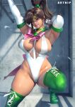  1girl 3d adapted_costume armpits artist_name artnip ass_visible_through_thighs bishoujo_senshi_sailor_moon boots bow bowtie breasts brown_hair choker curvy earrings elbow_gloves flower_earrings gloves green_boots green_brooch green_choker green_eyes green_sailor_collar hair_bobbles hair_ornament highleg highleg_leotard jewelry lace-up_boots large_breasts leotard lips long_hair magical_girl nose pink_bow pink_bowtie ponytail realistic sailor_collar sailor_jupiter shiny_skin smile solo thick_thighs thighs white_gloves 