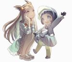  2girls black_gloves black_hair blush bonnet bow breasts brown_eyes brown_hair closed_mouth dress gloves green_dress grey_bonnet grey_dress grey_pupils hair_bobbles hair_ornament highres jasmine_(pokemon) kagi0487_(weiss_9610) long_hair long_sleeves multiple_girls open_mouth orange_bow pantyhose pokemon pokemon_hgss pokemon_sv poppy_(pokemon) sandals short_hair simple_background smile squatting teeth two_side_up upper_teeth_only white_background white_dress 