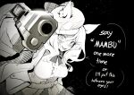  1girl aiming aiming_at_viewer animal_ears arktic black_background bow bowtie breasts center_frills commentary dress ears_through_headwear english_commentary english_text frills greyscale gun hair_bow hand_up handgun hat highres holding holding_gun holding_weapon horse_ears horse_girl large_breasts long_hair looking_at_viewer mambo_(meme) matikanetannhauser_(umamusume) meme monochrome newsboy_cap open_mouth solo teeth tilted_headwear umamusume weapon 