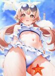  1girl absurdres bikini blue_archive blue_sky blush breasts brown_eyes brown_hair cloud cloudy_sky commentary_request day eyewear_on_head frilled_bikini frills from_below hair_ornament halo hifumi_(blue_archive) hifumi_(swimsuit)_(blue_archive) highres karaage_(xxxmido02) long_hair low_twintails navel off-shoulder_bikini off_shoulder official_alternate_costume open_mouth ribbon-trimmed_bikini ribbon-trimmed_swimsuit ribbon_trim round_eyewear sky small_breasts smile solo starfish stomach sunglasses swimsuit thighs translation_request twintails wet white_bikini wing_hair_ornament winged_halo yellow_halo 